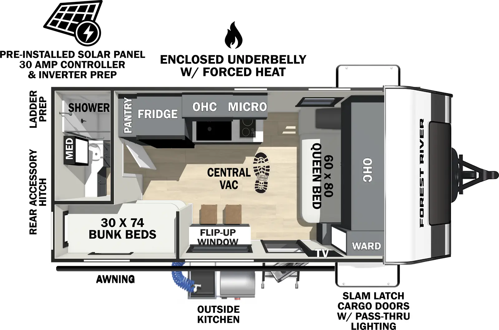 The Ibex 16MKD floorplan has one entry and zero slide outs. Exterior features include: fiberglass exterior and outside kitchen. Interiors features include: bunk beds and front bedroom.